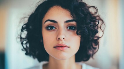 Naklejka premium A woman with curly hair sits peacefully by a window, reflecting quietly in soft natural light during the morning hours