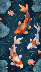 Vector illustration of koi fish, simple flat style with simple lines, on a blue background with lotus leaves and water lilies in the corners. Each koi fish is in a different color, depicted in a top-d