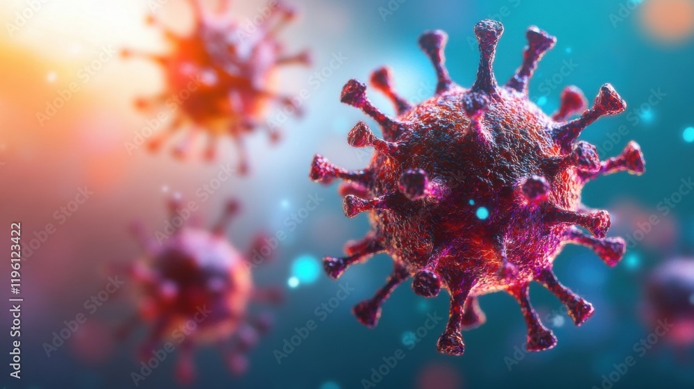 Poster highlighted virus particles exhibit intricate details and vibrant colors in a microscopic view, emph