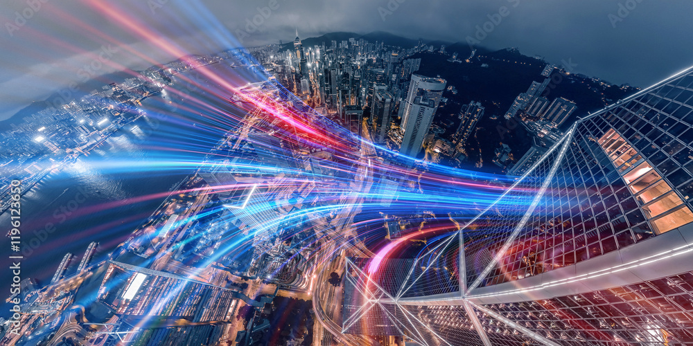 Poster abstract concept of hong kong's vibrant, interconnected city at night, depicted with dynamic light t