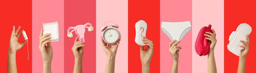 Menstruation accessories, collage of hands with menstruation accessories on color backgrounds