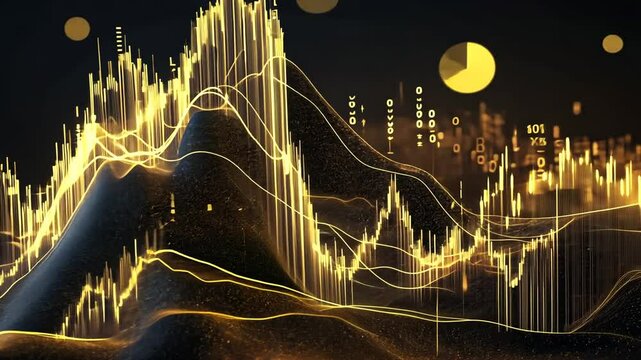 Abstract gold digital landscape with data visualization.