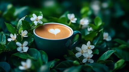 A delicate cup of coffee surrounded by blooming flowers and fresh spring greenery, bringing a sense of renewal and freshness.