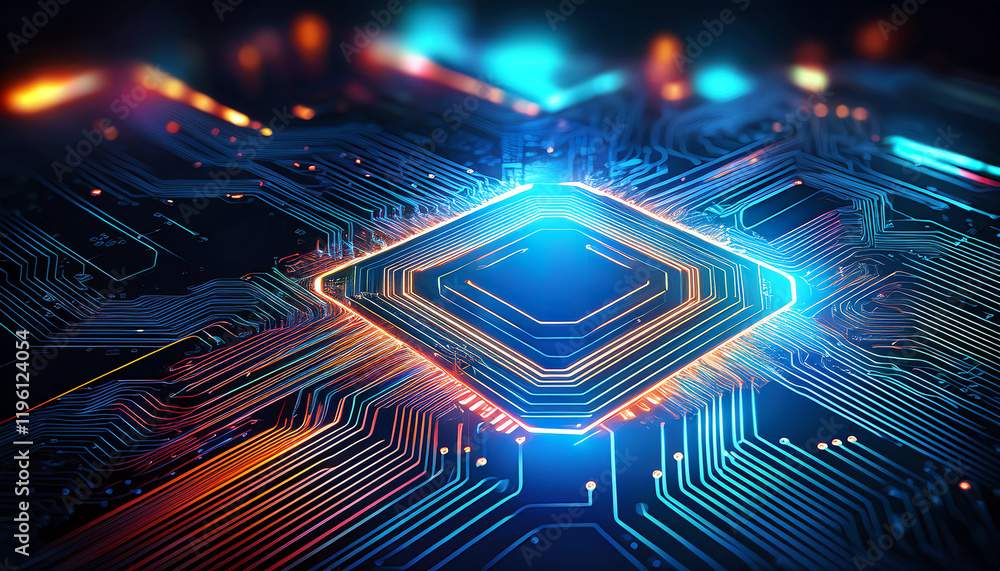 Poster a vibrant close-up of a microchip, showcasing intricate circuit patterns illuminated by colorful lig