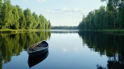 Obraz premium Calm lake, rowboat, trees, reflection, serenity