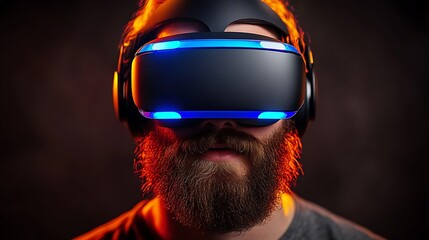 Bearded man immersed in VR headset.