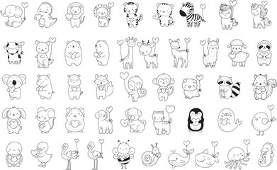Animal with heart for valentine day with love, heart, wedding, wildanimal cartoon hand drawn,doodle,line art style Cute cartoon funny character. Pet collection. Flat design Baby background.vector 