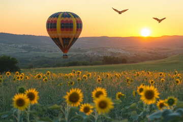 Obraz premium Hot air balloon floating over a meadow with serene views, offering a tranquil ride