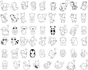 Animal with heart for valentine day with love, heart, wedding, wildanimal cartoon hand drawn,doodle,line art style Cute cartoon funny character. Pet collection. Flat design Baby background.vector 