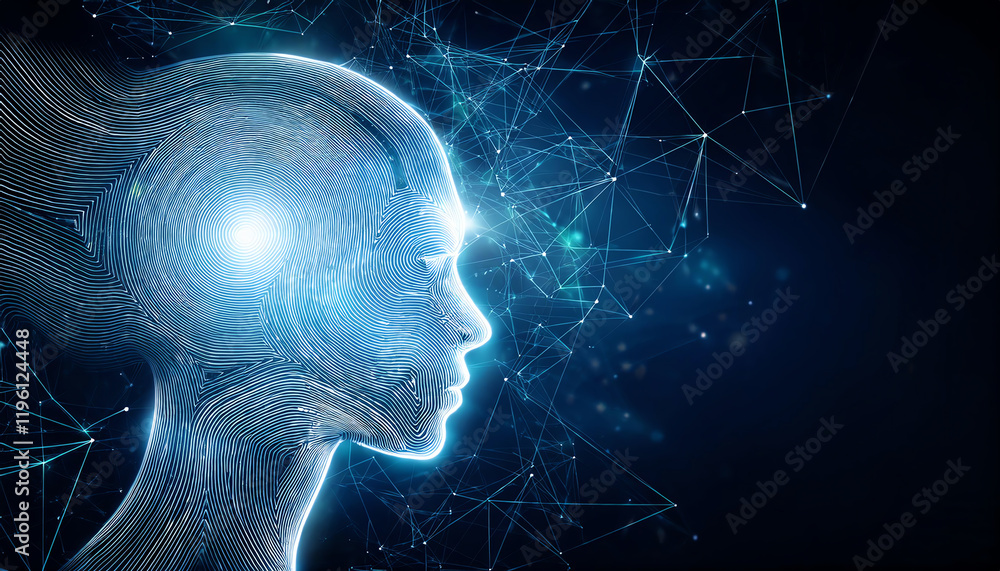 Poster a futuristic representation of a human-like head made of digital patterns, symbolizing artificial in