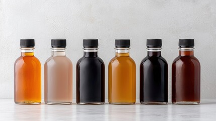 Six bottles of different colored liquids on a white background