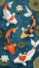 Vector illustration of koi fish, simple flat style with simple lines, on a blue background with lotus leaves and water lilies in the corners. Each koi fish is in a different color, depicted in a top-d