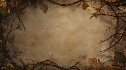 Autumnal Vines and Leaves Frame: A Rustic Brown Background