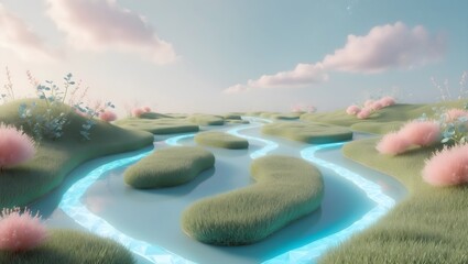 Obraz premium Cute Dreamy Islands Wallpaper: Soft Colors, Flowing Water, and Whimsical Sky Landscape