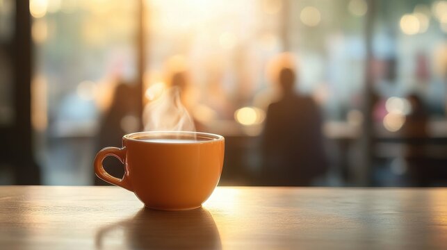 Steaming coffee cup on sunlit cafe table
