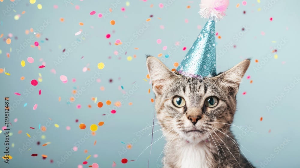 Poster a playful cat dressed in a sparkling party hat enjoys a festive atmosphere filled with colorful conf