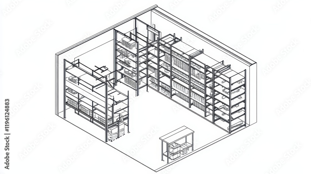 Aufkleber isometric drawing of a multi-tiered storage system design for efficient space utilization in a room