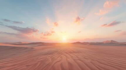 A surreal desert landscape showcases rolling dunes under a vibrant sky, as the sun sets and casts warm colors over the expansive terrain