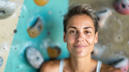 Naklejka premium Woman with short hair displays confidence and joy while enjoying her time at an indoor climbing gym focused on bouldering