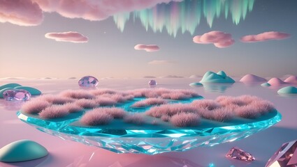 Cute Crystal Island Wallpaper: Pastel Sky, Sparkling Water, and Dreamy Landscape