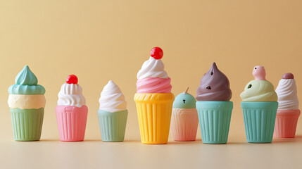 A playful set of plastic toys shaped like cupcakes and ice cream, In the Scandinavian design. Cute minimalistic form language
