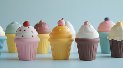 A playful set of plastic toys shaped like cupcakes and ice cream, In the Scandinavian design. Cute minimalistic form language