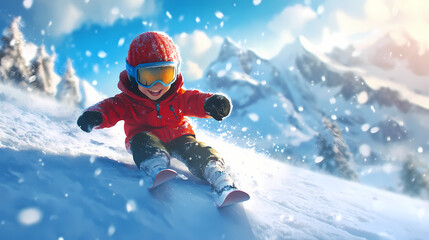 Happy child skiing down snowy mountain slope. Windspire. Illustration