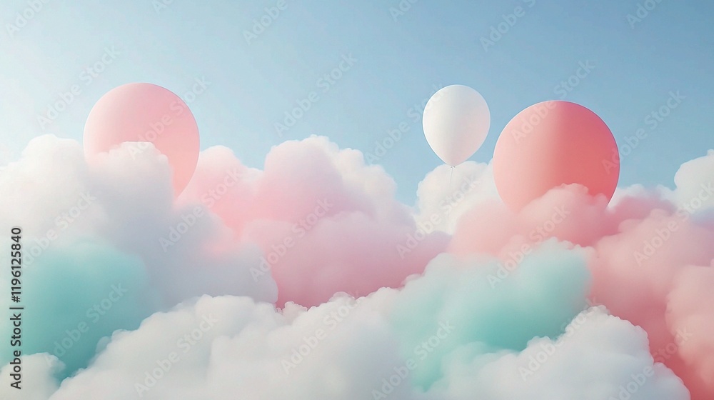 Poster soft abstract sky with gentle clouds and colorful floating shapes