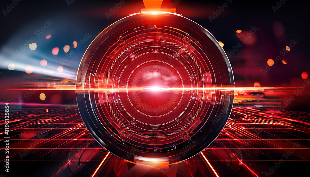 Poster a vibrant, futuristic sphere emanates red light, surrounded by abstract lines and glowing particles,