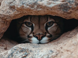 Close-up of a wildcat peering from a rock crevice
