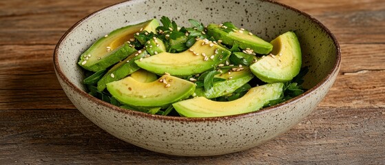 Avocado salad with sesame seeds and parsley in a rustic bowl