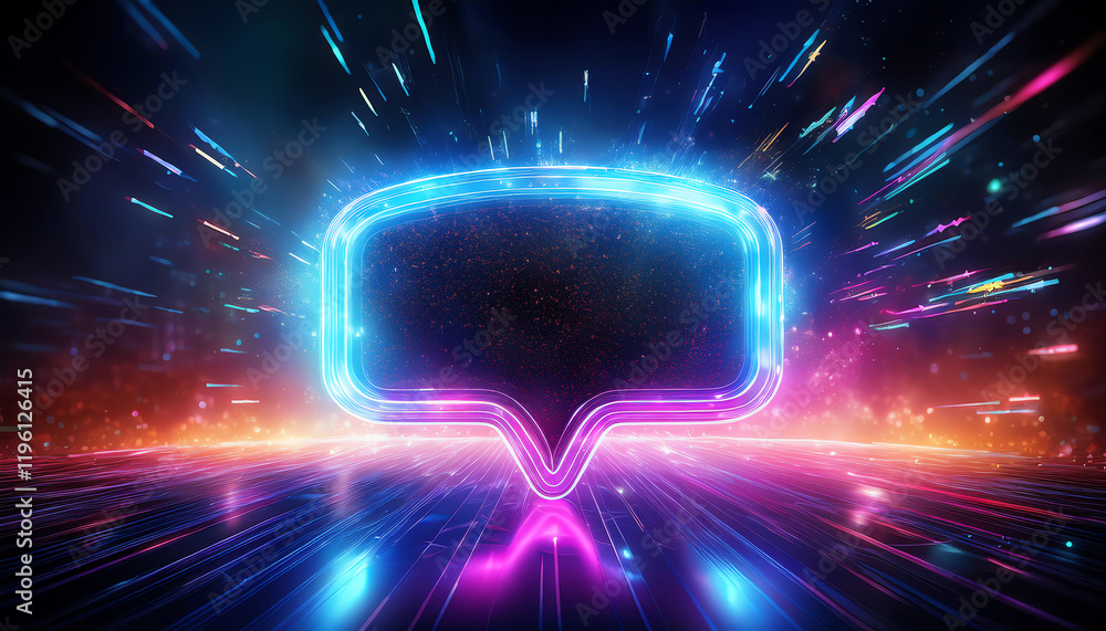 Poster a vibrant, futuristic speech bubble glows with neon colors, surrounded by dynamic light trails, symb