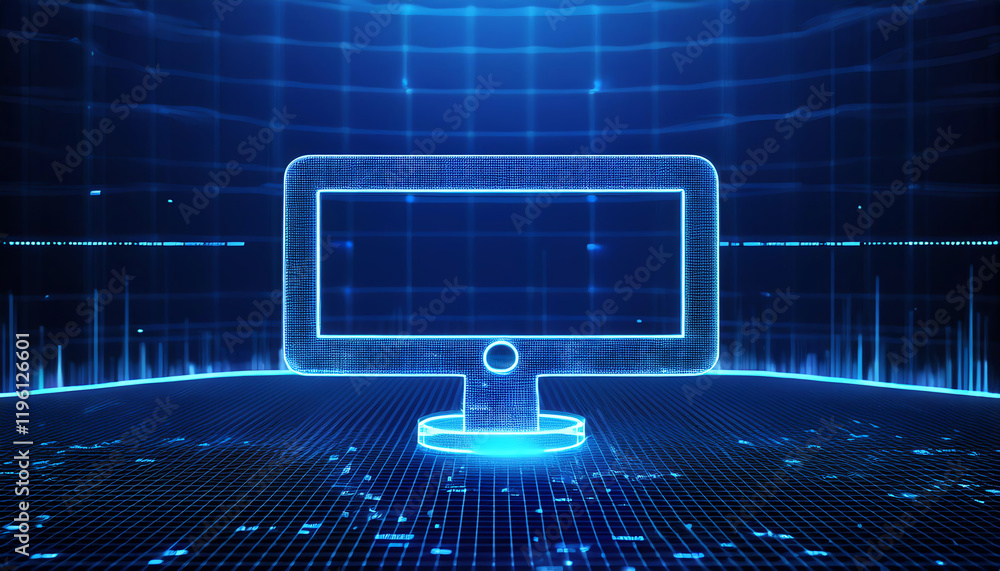 Aufkleber a futuristic digital computer monitor illuminated in blue, set against a grid background, representi