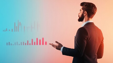 Businessman Analyzing Data: A stylish, bearded businessman in a dark suit stands against a vibrant gradient background, his open hand gesturing towards superimposed bar graphs and charts.
