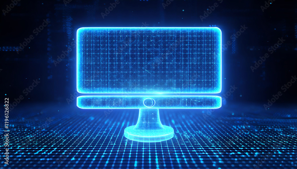 Poster a glowing blue computer monitor displayed in a digital environment, showcasing a futuristic and tech