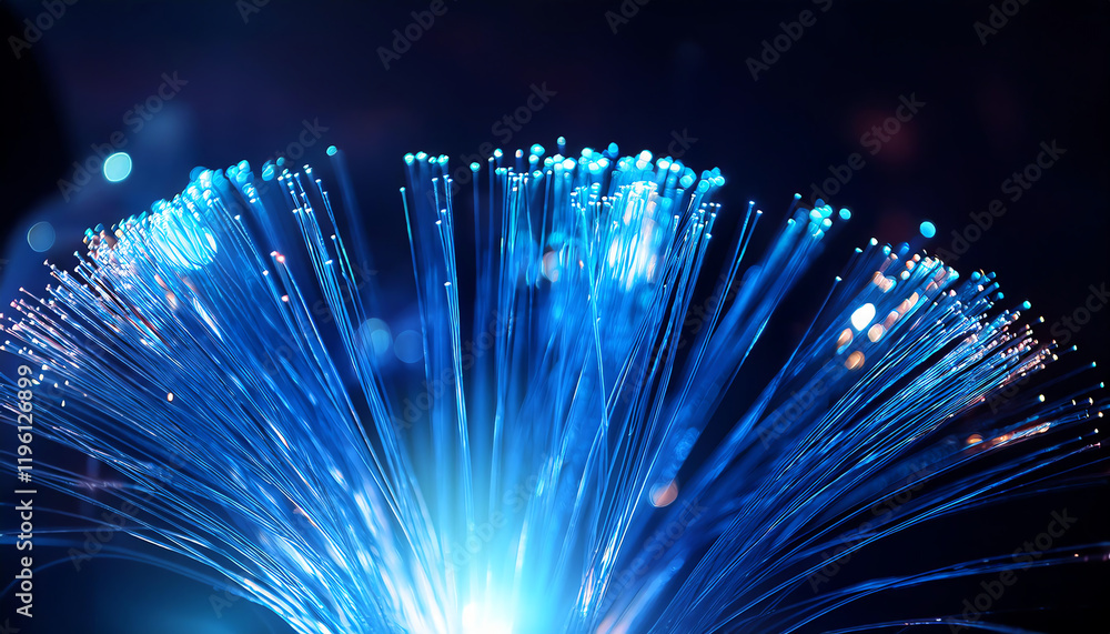 Poster a vibrant display of blue light emanating from fiber optics, creating a dynamic and futuristic visua