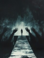 A lone man stands on a path with reaching hands in the darkness.