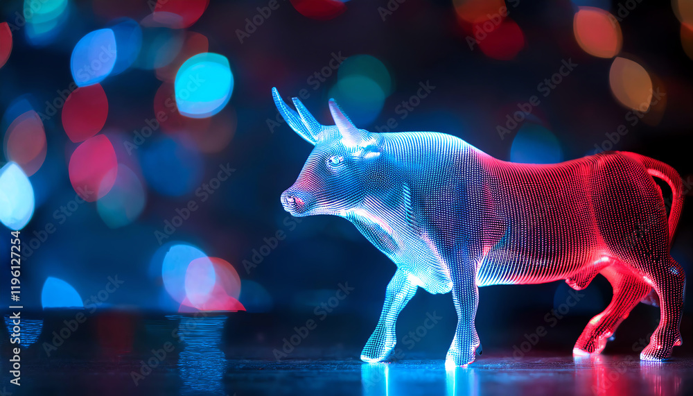 Poster a glowing, holographic bull stands against a backdrop of colorful bokeh lights, creating a dynamic a