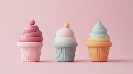 A playful set of plastic toys shaped like cupcakes and ice cream, In the Scandinavian design. Cute minimalistic form language