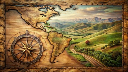 Naklejka premium A wooden antique map with a circular compass rose in the center, surrounded by old-style country roads and hills , compass rose, natural scenery
