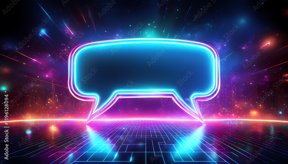 Poster a vibrant neon chat bubble against a colorful digital background, symbolizing communication and inte