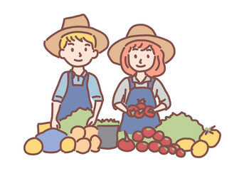 Happy Farmers: A cheerful couple of farmers proudly display their harvest of fresh produce, showcasing a bounty of ripe vegetables and fruits.