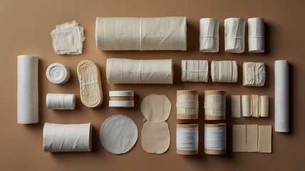 Flat Lay Of Various Bandages, Gauze Rolls, And Antiseptic Creams Arranged Neatly
