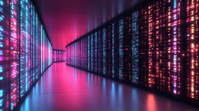Futuristic server room corridor with glowing data streams. - Powered by Adobe