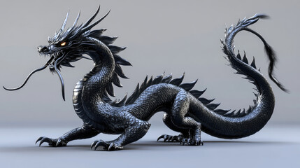 Obraz premium a black Japanese dragon, whole body on show, fierce look