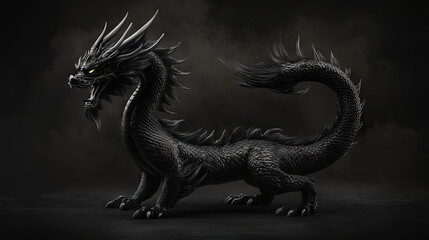 Fototapeta premium a black Japanese dragon, whole body on show, fierce look