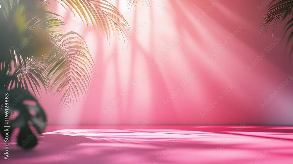 Poster abstract pink gradient studio backdrop with blurred palms and light