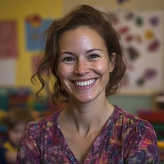 A young kindergarten teacher  woman with brown hair smiles brightly in a classroom.