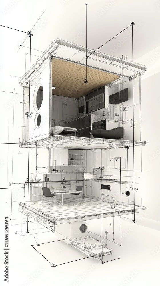Poster architectural design visualization: exploded view of a modern two-story tiny house blueprint