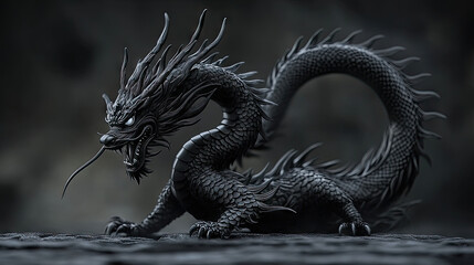 Obraz premium a black Japanese dragon, whole body on show, fierce look